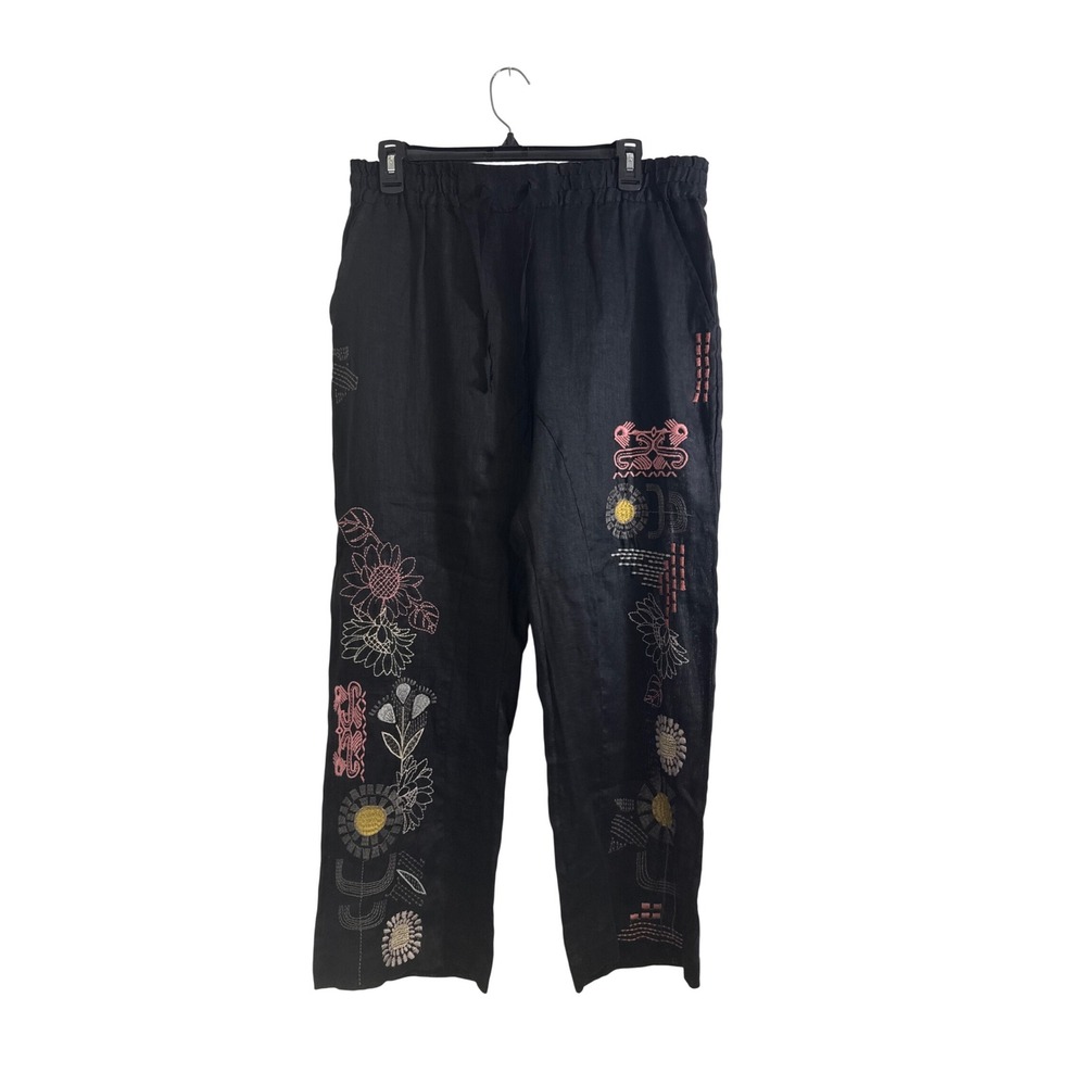 Biya Johnny Was Black Linen Embroidered Straight Leg Boho Pants Medium 32"x26"
